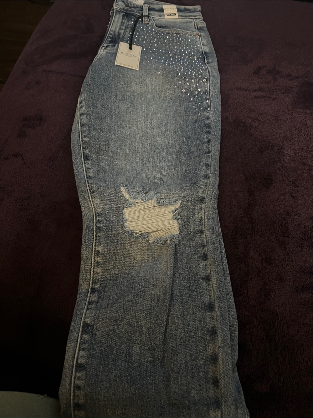 Judy Blue Distressed Light Blue Women's Jeans with Rhinestone Accent